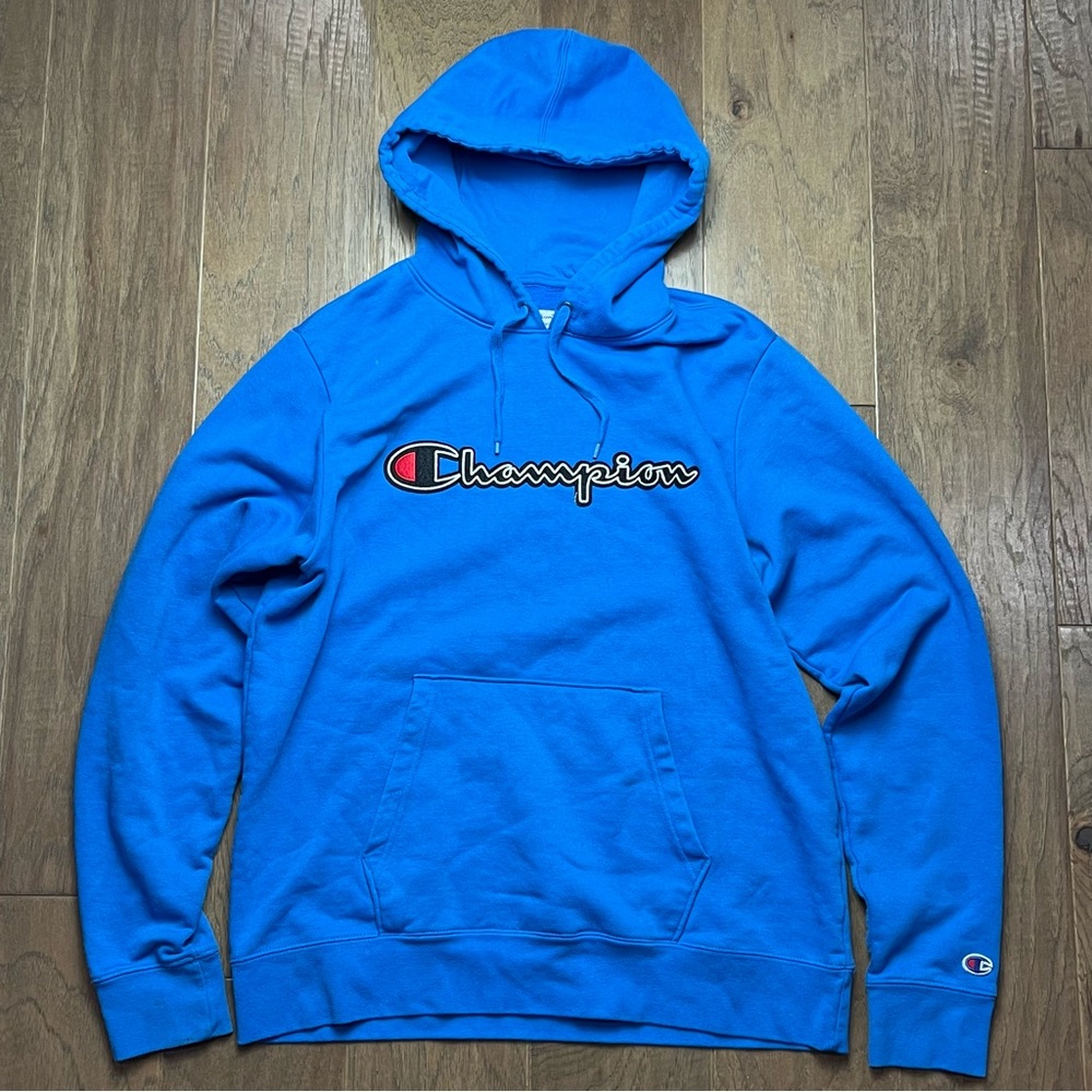 Blue Champion Hoodie – Classic Design, Size Large